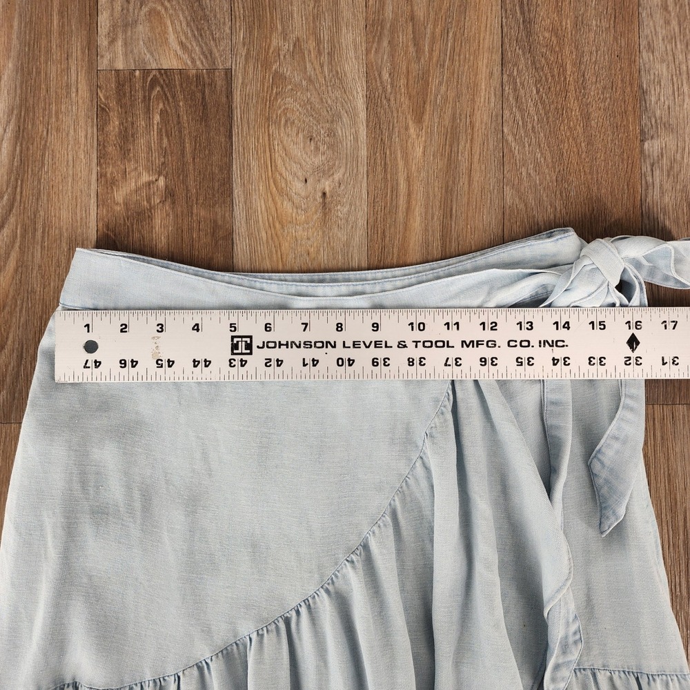 LOFT Light Wash Blue Lyocell Linen Blend Ruffle Faux-Wrap Midi Skirt Size 0 - Picture 5 of 9
